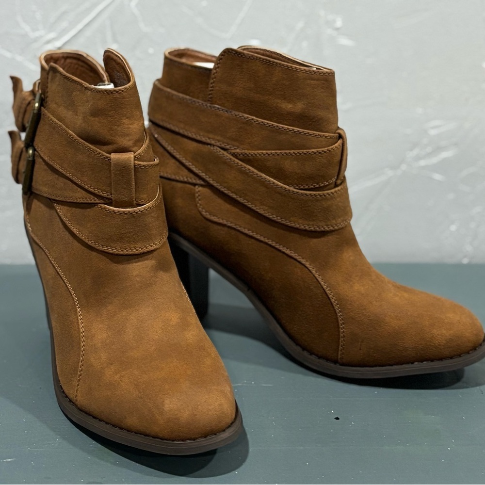 Brown Suede Ankle Booties w/ Wraparound Straps and Buckle Accents